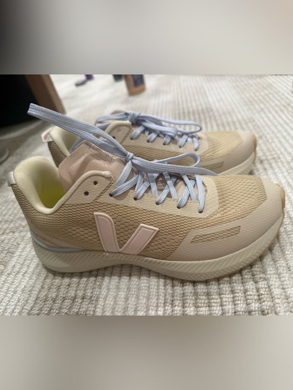 Veja Women’s Beige Sneakers with Light Pink V and Pale Blue Laces NO BOX